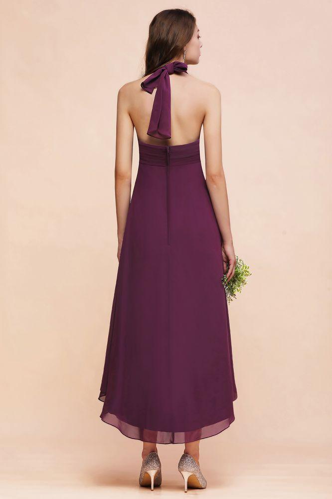 Halter Purple Hi-Lo Bridesmaid Dress Chiffon Cocktail Party Dress