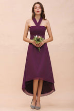 Halter Purple Hi-Lo Bridesmaid Dress Chiffon Cocktail Party Dress