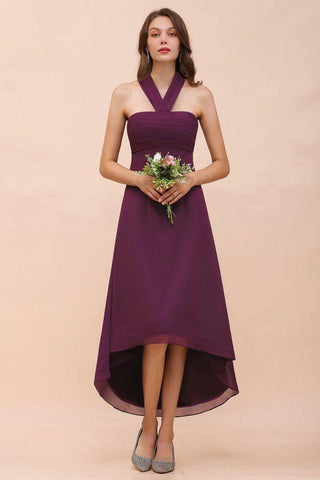 Neckholder Lila Hi-Lo Brautjungfernkleid Chiffon Cocktail Partykleid