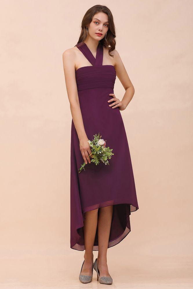 Halter Purple Hi-Lo Bridesmaid Dress Chiffon Cocktail Party Dress