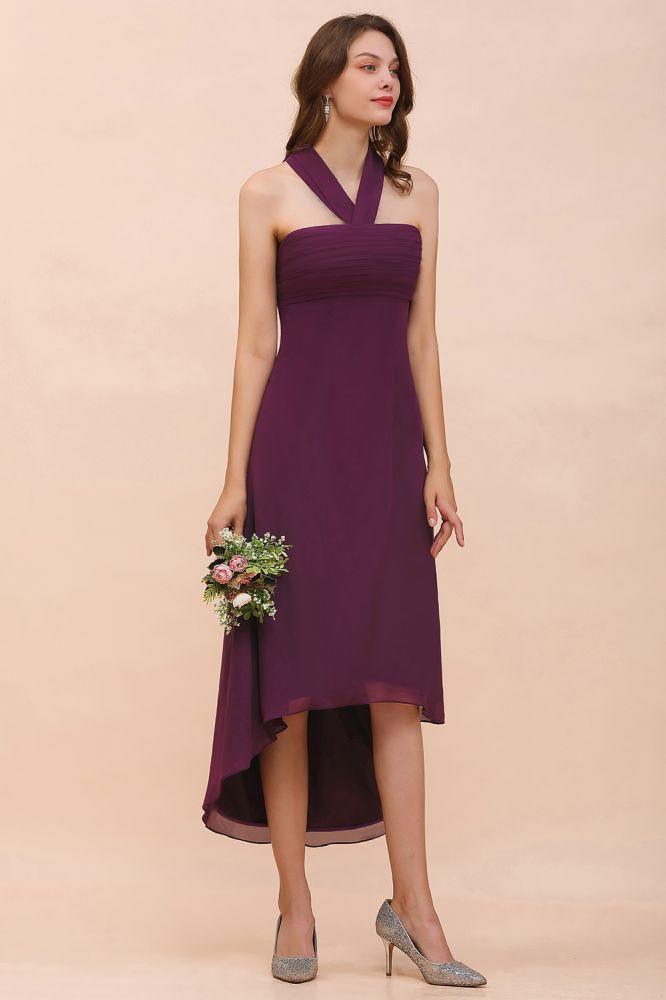 Halter Purple Hi-Lo Bridesmaid Dress Chiffon Cocktail Party Dress
