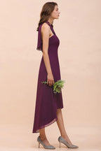 Halter Purple Hi-Lo Bridesmaid Dress Chiffon Cocktail Party Dress