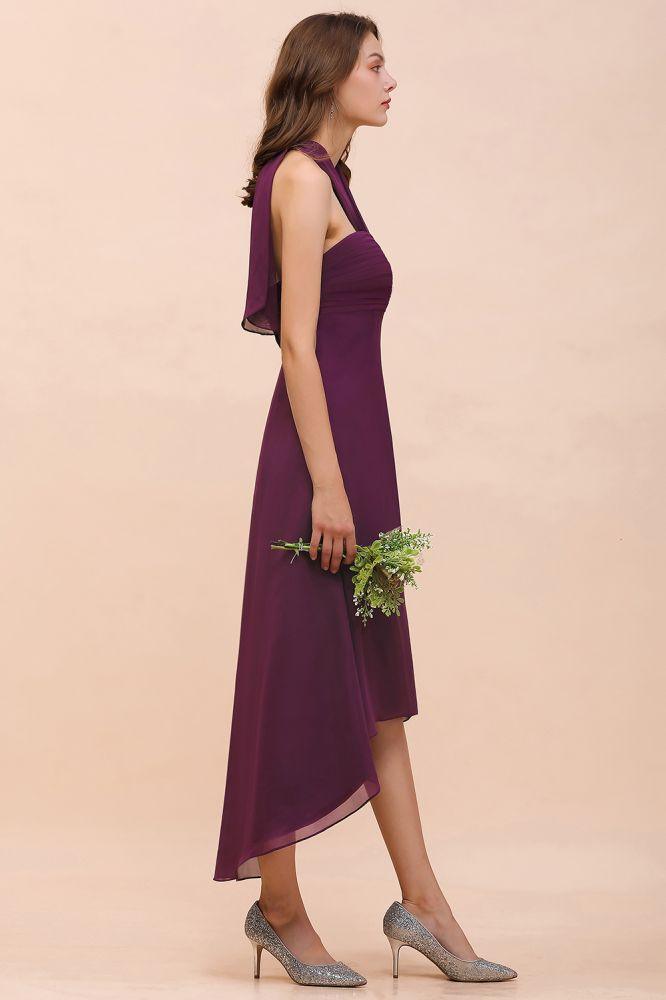Halter Purple Hi-Lo Bridesmaid Dress Chiffon Cocktail Party Dress