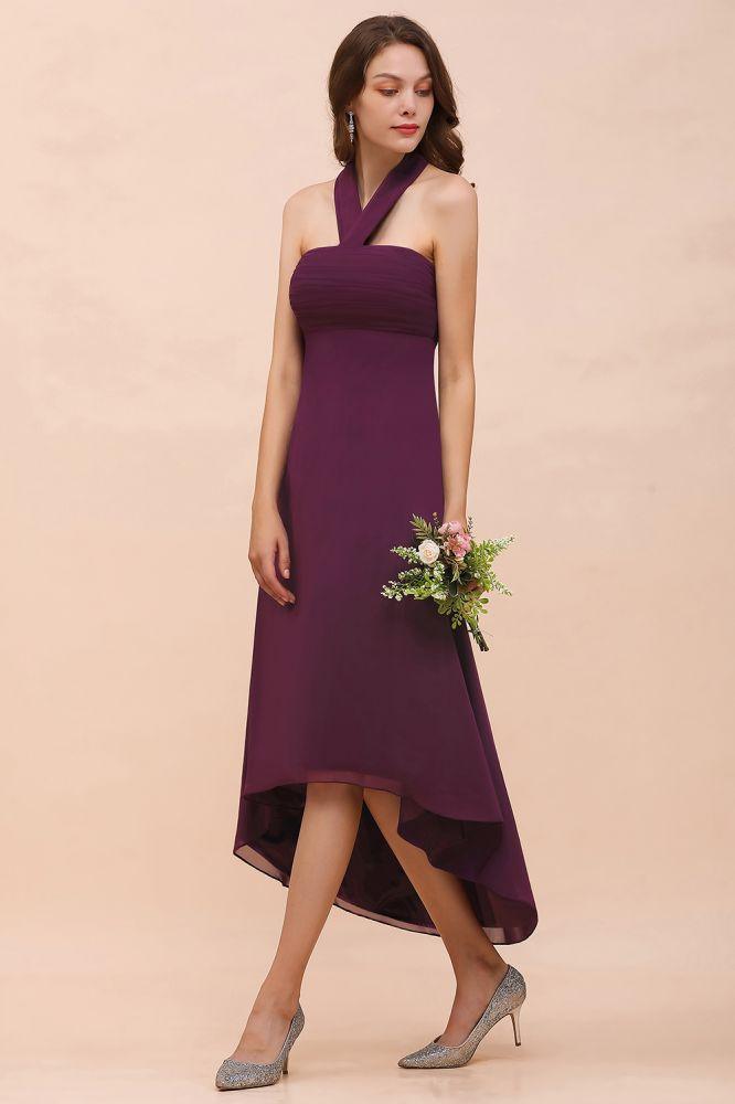 Halter Purple Hi-Lo Bridesmaid Dress Chiffon Cocktail Party Dress