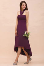 Halter Purple Hi-Lo Bridesmaid Dress Chiffon Cocktail Party Dress