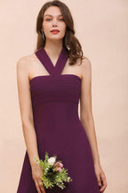 Halter Purple Hi-Lo Bridesmaid Dress Chiffon Cocktail Party Dress
