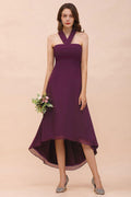 Abito da damigella d'onore in chiffon con spalline e orlo asimmetrico viola per cocktail party