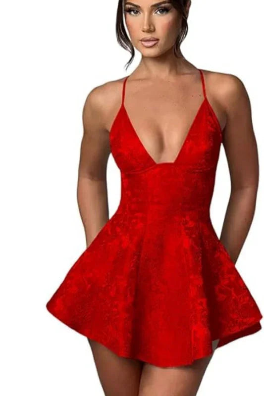 Charmantes Träger-Satin-Mini-Homecoming-Kleid Rüschen-Blumen-Jacquard-Kurz-Partykleid für Mädchen