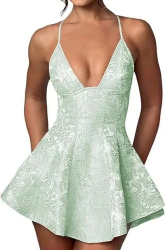 Charmantes Träger-Satin-Mini-Homecoming-Kleid Rüschen-Blumen-Jacquard-Kurz-Partykleid für Mädchen