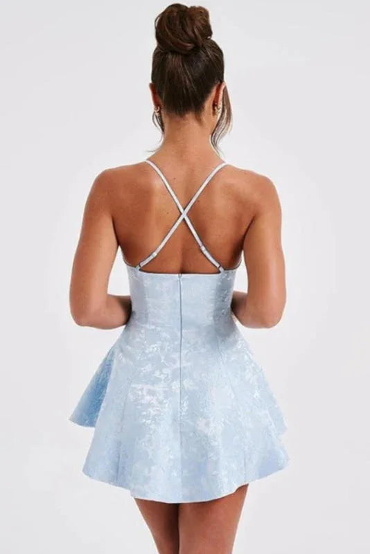 Charmantes Träger-Satin-Mini-Homecoming-Kleid Rüschen-Blumen-Jacquard-Kurz-Partykleid für Mädchen