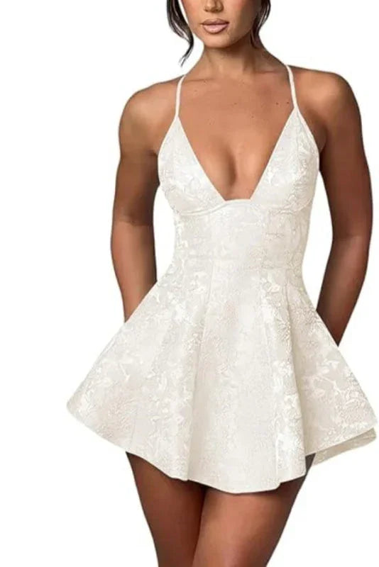 Charmantes Träger-Satin-Mini-Homecoming-Kleid Rüschen-Blumen-Jacquard-Kurz-Partykleid für Mädchen