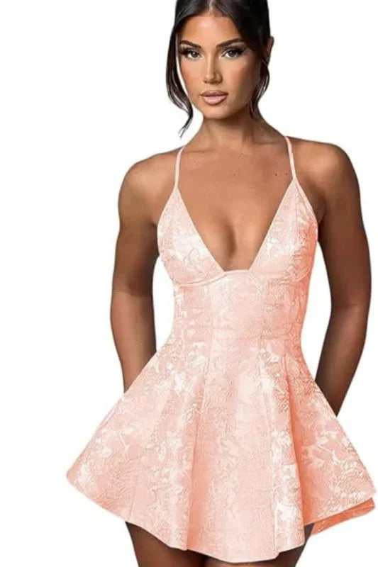 Charmantes Träger-Satin-Mini-Homecoming-Kleid Rüschen-Blumen-Jacquard-Kurz-Partykleid für Mädchen
