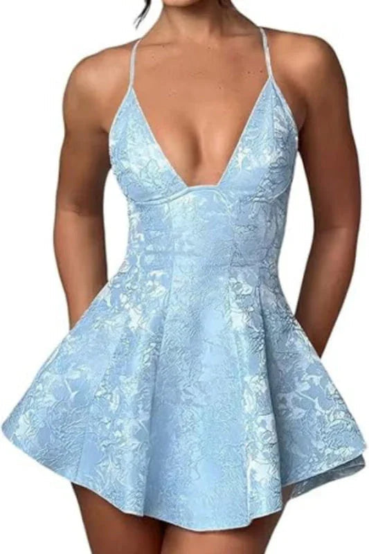 Charmantes Träger-Satin-Mini-Homecoming-Kleid Rüschen-Blumen-Jacquard-Kurz-Partykleid für Mädchen