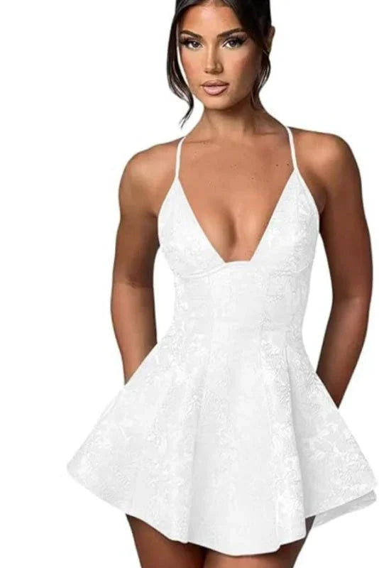 Charmantes Träger-Satin-Mini-Homecoming-Kleid Rüschen-Blumen-Jacquard-Kurz-Partykleid für Mädchen