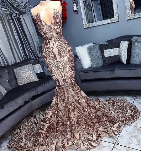 Neckholder Pailletten Meerjungfrau Ballkleid Ärmellos Lange Partykleider