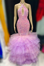 Halter Sequins Tulle Tiered Mermaid Sleeveless Prom Dress