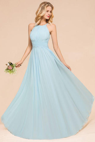 Neckholder Himmelblau Bodenlanges Brautjungfernkleid online Ärmelloses A-Linien-Partykleid