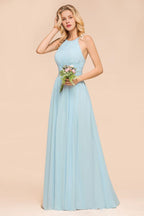 Halter Sky Blue Floor Length Bridesmaid Dress online Sleeveless A-line party Dress