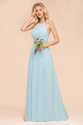 Neckholder Himmelblau Bodenlanges Brautjungfernkleid online Ärmelloses A-Linien-Partykleid