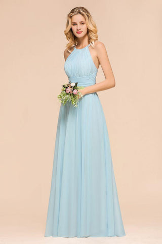 Neckholder Himmelblau Bodenlanges Brautjungfernkleid online Ärmelloses A-Linien-Partykleid