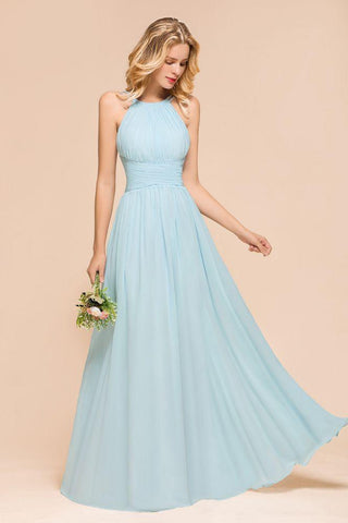 Neckholder Himmelblau Bodenlanges Brautjungfernkleid online Ärmelloses A-Linien-Partykleid