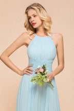 Halter Sky Blue Floor Length Bridesmaid Dress online Sleeveless A-line party Dress