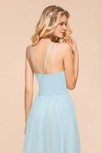 Halter Sky Blue Floor Length Bridesmaid Dress online Sleeveless A-line party Dress