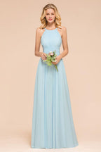 Halter Sky Blue Floor Length Bridesmaid Dress online Sleeveless A-line party Dress