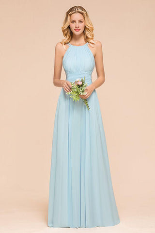 Neckholder Himmelblau Bodenlanges Brautjungfernkleid online Ärmelloses A-Linien-Partykleid
