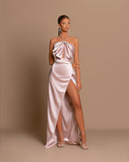 Halter Sleek Pink Sleeveless Prom Dress with Side Slit Pleats