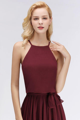 Neckholder Ärmellos A-Linie Burgunder Rüschen Chiffon Brautjungfernkleider