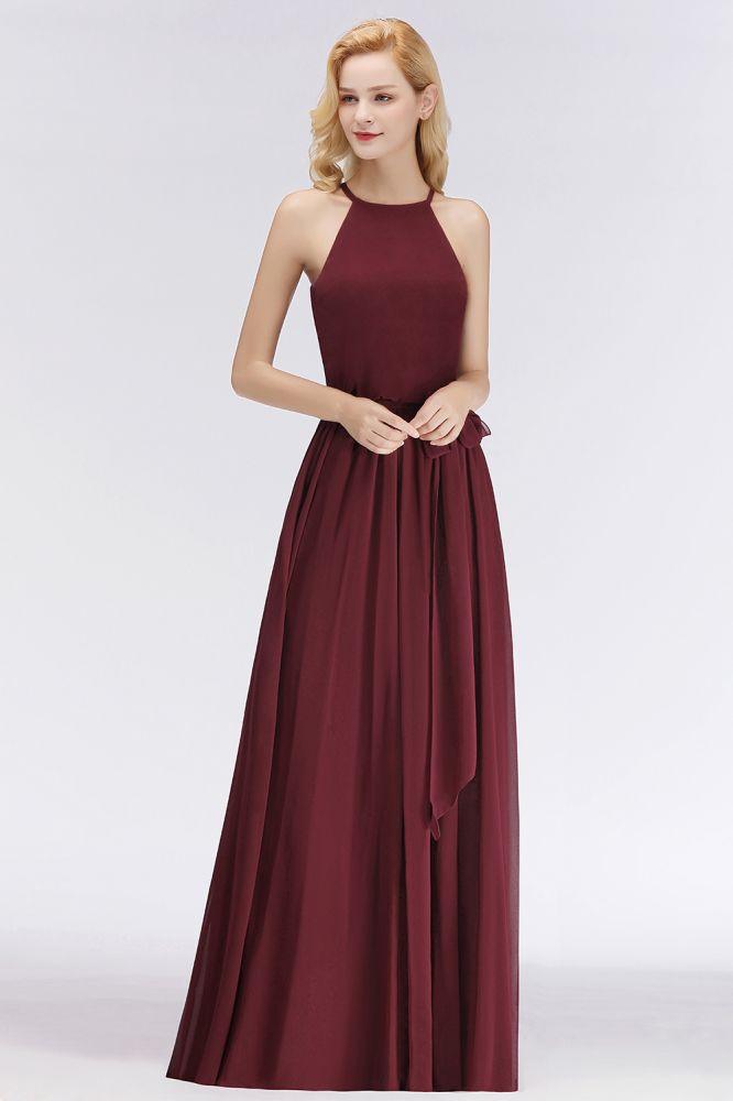 Halter Sleeveless A-line Burgundy Ruffles Chiffon Bridesmaid Dresses