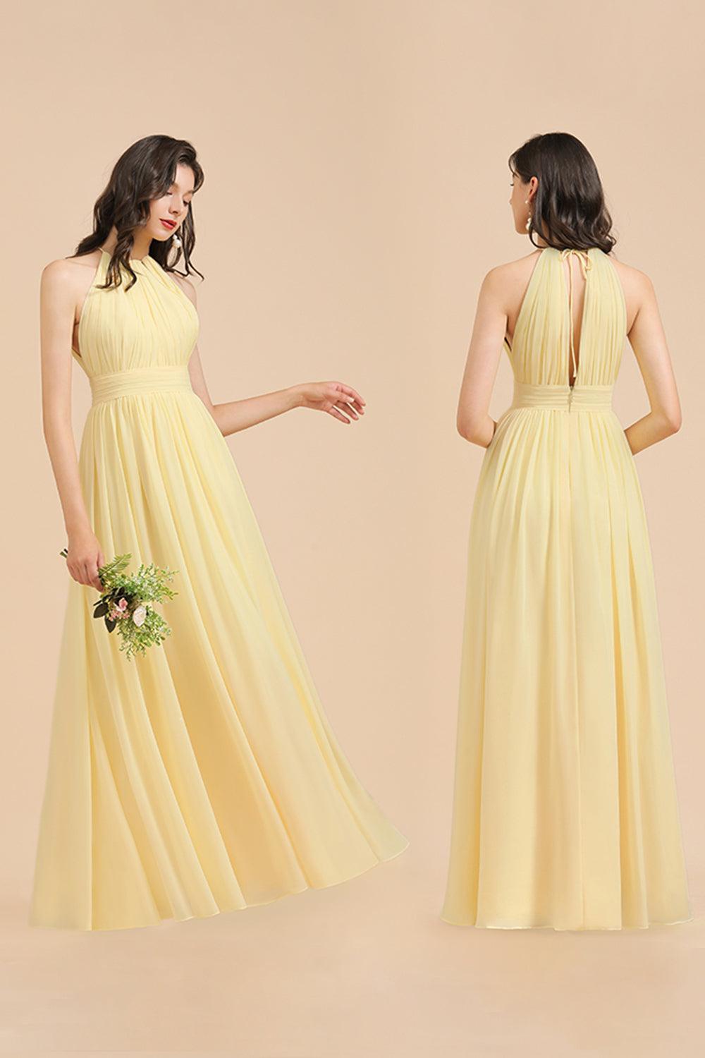 Halter Sleeveless Daffodil Chiffon Bridesmaid Dress with Ruffles