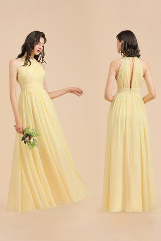 Neckholder-Brautjungfernkleid aus narzissenfarbenem Chiffon mit Rüschen 
