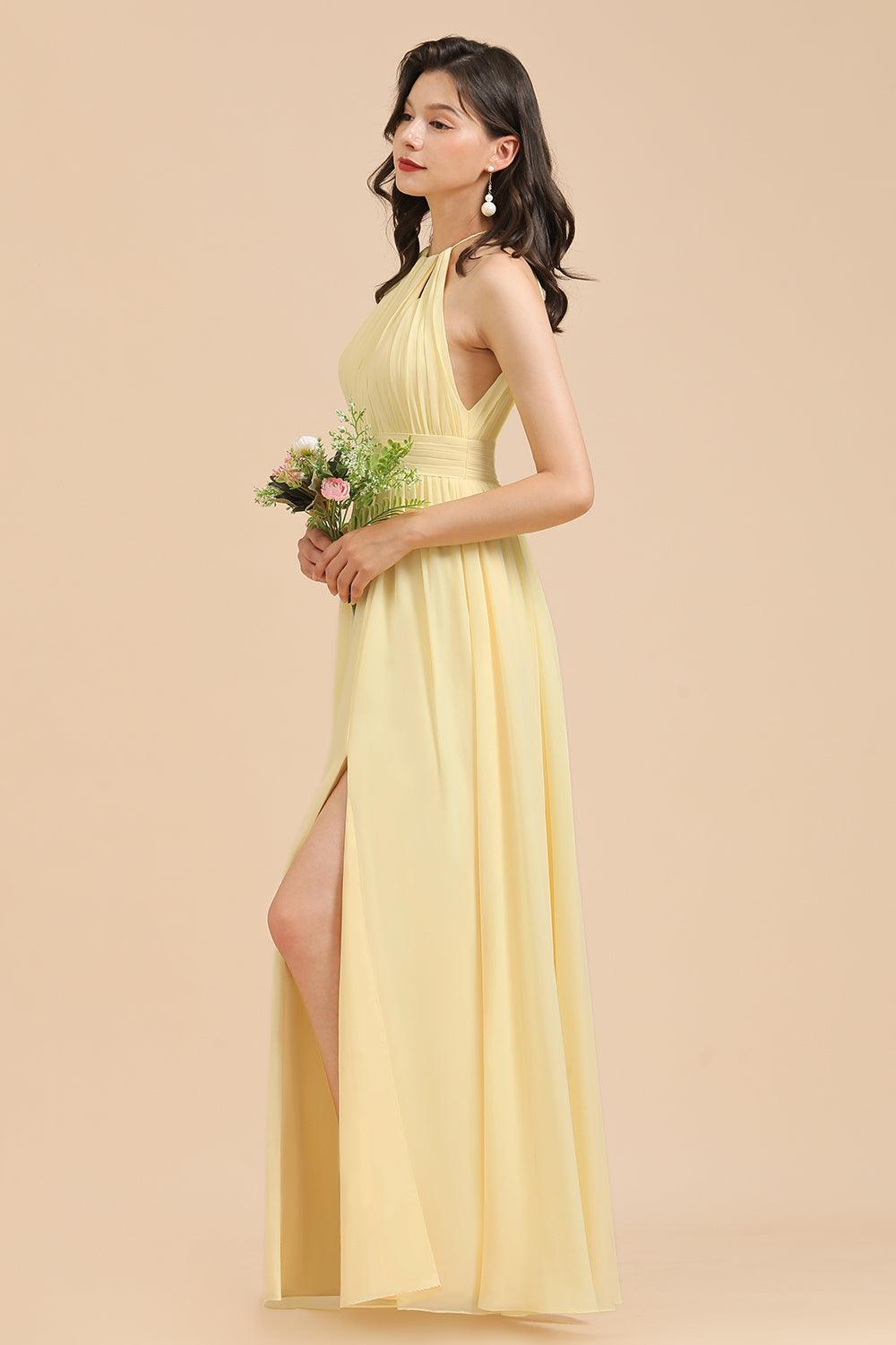 Halter Sleeveless Daffodil Chiffon Bridesmaid Dress with Ruffles