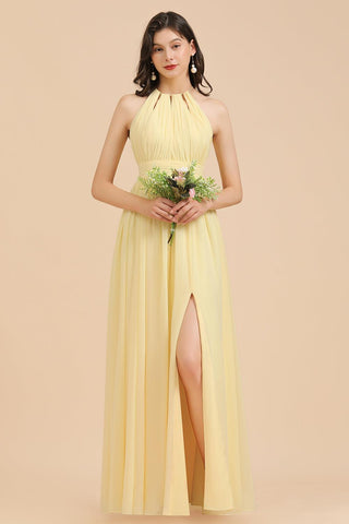 Neckholder-Brautjungfernkleid aus narzissenfarbenem Chiffon mit Rüschen 