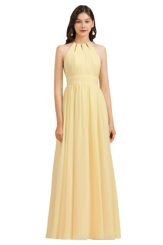 Neckholder-Brautjungfernkleid aus narzissenfarbenem Chiffon mit Rüschen 