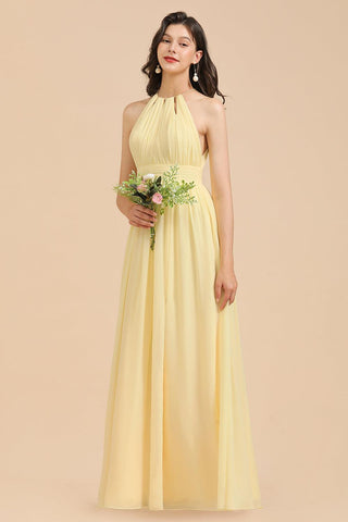 Neckholder-Brautjungfernkleid aus narzissenfarbenem Chiffon mit Rüschen 