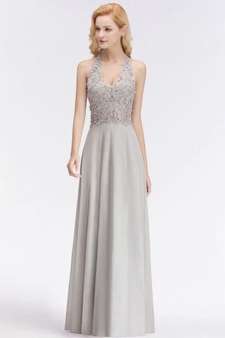 Neckholder Ärmelloses Abendkleid mit Blumenapplikationen A-Linie Bodenlanges Brautjungfernkleid