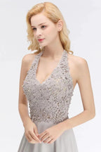 Halter Sleeveless Floral Appliques Evening Party Dress Aline Floor Length Bridesmaid Dress by misshow.com