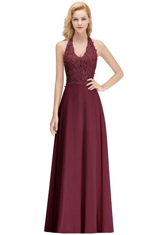 Neckholder Ärmelloses Abendkleid mit Blumenapplikationen A-Linie Bodenlanges Brautjungfernkleid