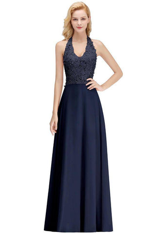 Neckholder Ärmelloses Abendkleid mit Blumenapplikationen A-Linie Bodenlanges Brautjungfernkleid