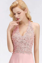 Halter Sleeveless Floral Appliques Evening Party Dress Aline Floor Length Bridesmaid Dress by misshow.com