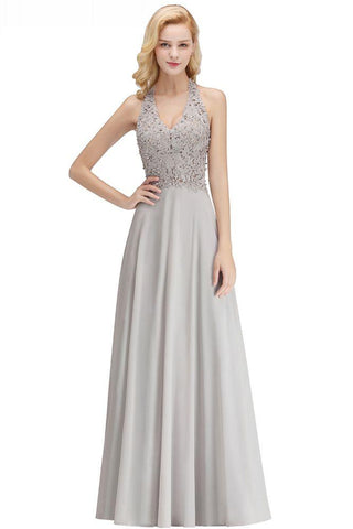 Neckholder Ärmelloses Abendkleid mit Blumenapplikationen A-Linie Bodenlanges Brautjungfernkleid