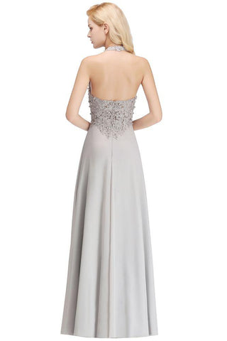Neckholder Ärmelloses Abendkleid mit Blumenapplikationen A-Linie Bodenlanges Brautjungfernkleid