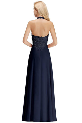 Neckholder Ärmelloses Abendkleid mit Blumenapplikationen A-Linie Bodenlanges Brautjungfernkleid