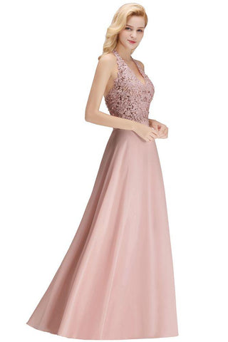 Neckholder Ärmelloses Abendkleid mit Blumenapplikationen A-Linie Bodenlanges Brautjungfernkleid