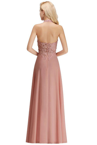 Neckholder Ärmelloses Abendkleid mit Blumenapplikationen A-Linie Bodenlanges Brautjungfernkleid