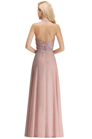 Neckholder Ärmelloses Abendkleid mit Blumenapplikationen A-Linie Bodenlanges Brautjungfernkleid