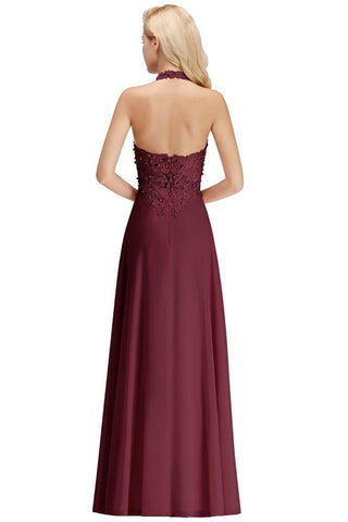 Neckholder Ärmelloses Abendkleid mit Blumenapplikationen A-Linie Bodenlanges Brautjungfernkleid